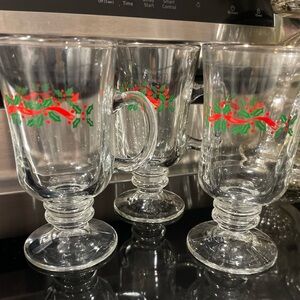 3-Vintage 1980s Libbey Irish Coffee Footed Christmas Mugs Handles Holly Berries